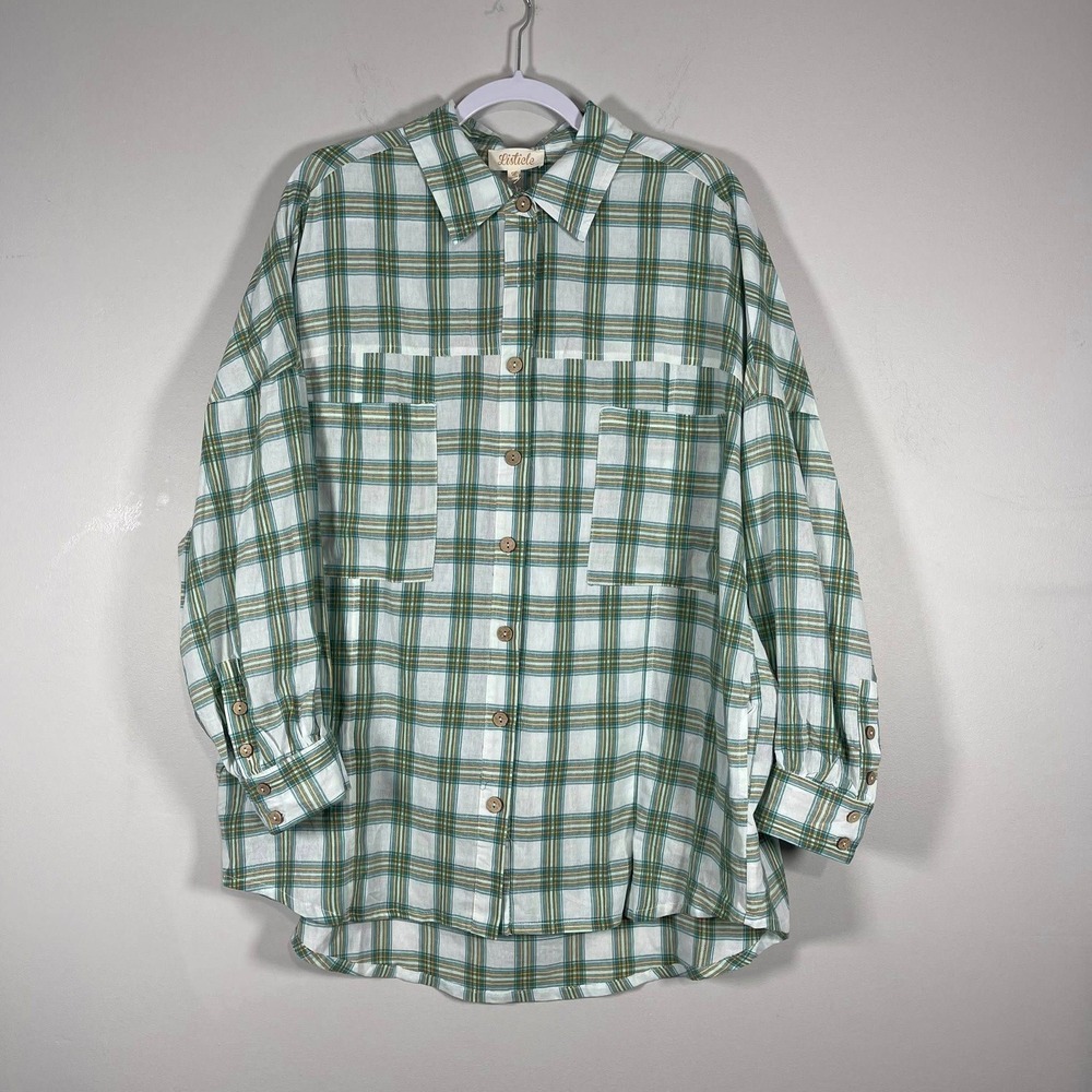 Listicle Button Down Shirt Wms Large Blue Green Plaid 3/4 Slv Side Pockets Tunic